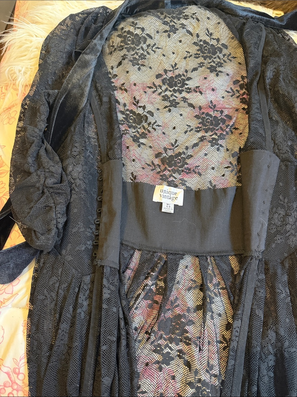 Unique Vintage Black Lace Duster with Floral Lining